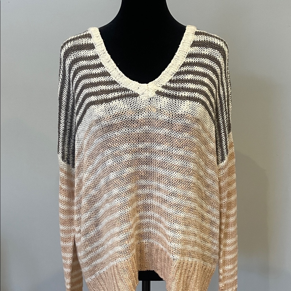Striped V-Neck Sweater - Cream and Gray rag poets